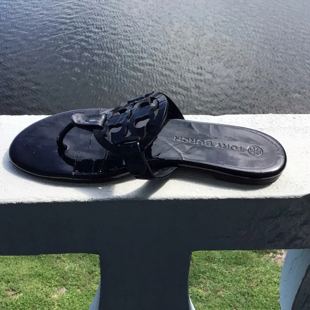 Tory Burch Miller Black Patent Logo Thong Sandals with Double Stacked T Logo